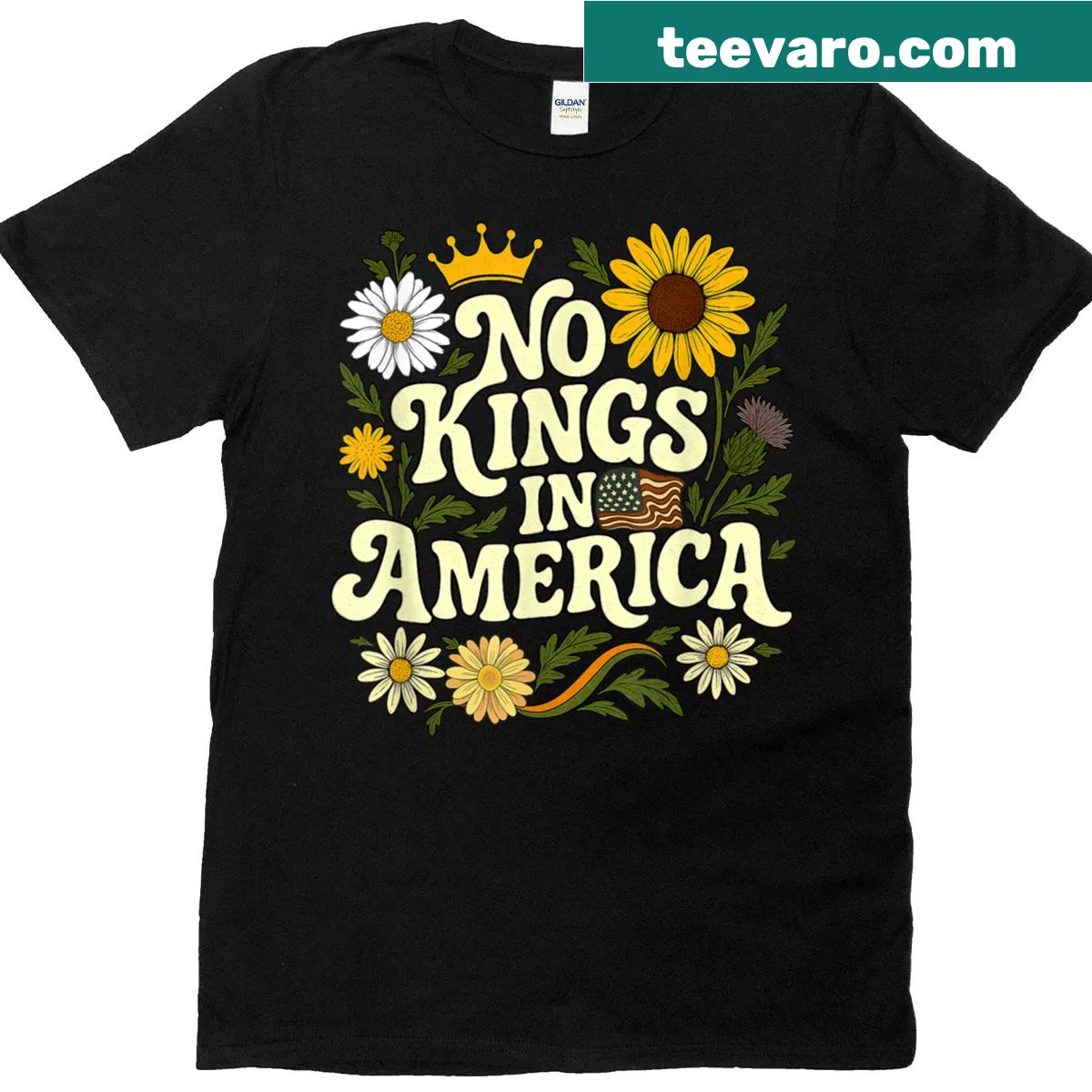 Retro floral design with 'No King In America' on a women's t-shirt — on a men's t-shirt