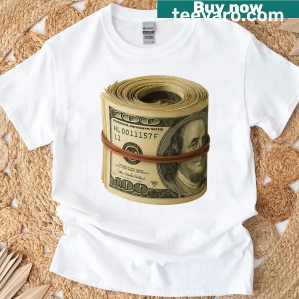 Abstract design featuring rolled banknotes on a t-shirt.