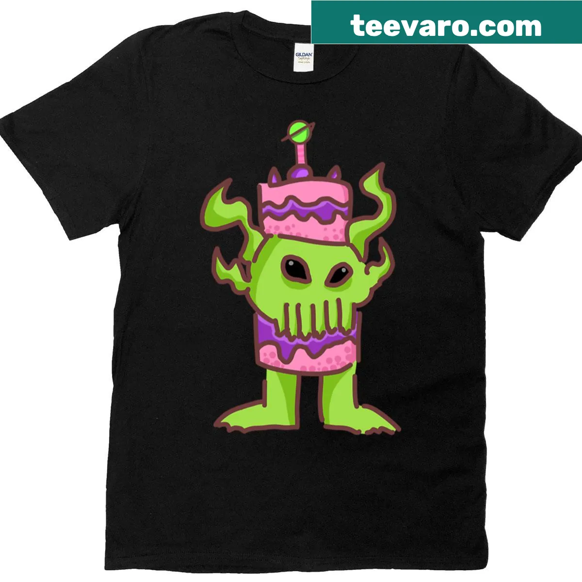 Cartoon-style t-shirt featuring whimsical desserts and treats — on a men's t-shirt