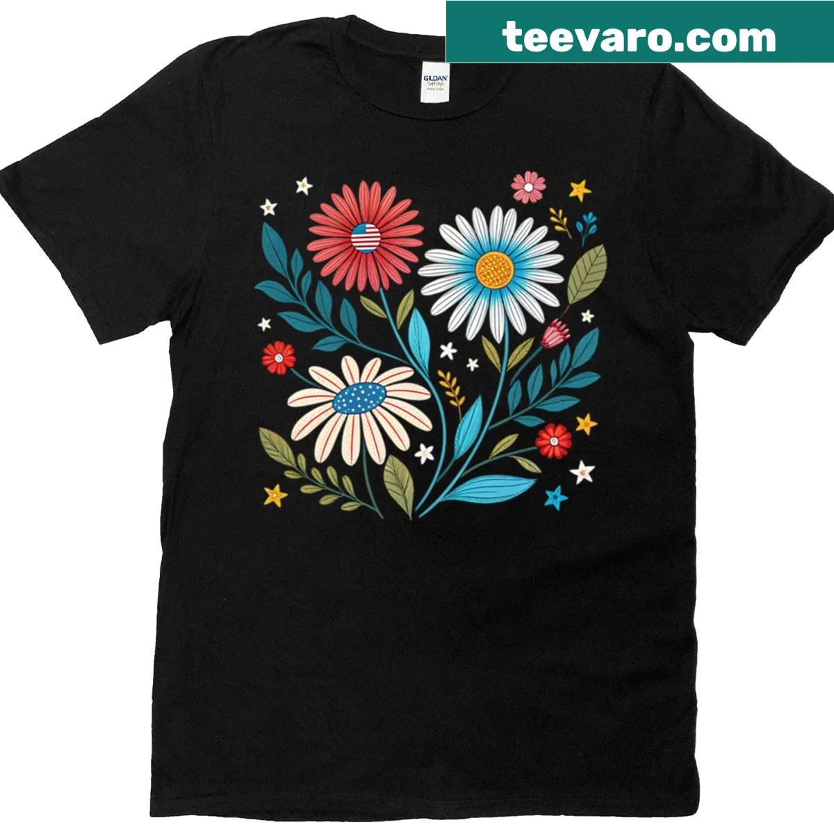 Vintage Americana floral pattern T-shirt with daisies — on a men's t-shirt