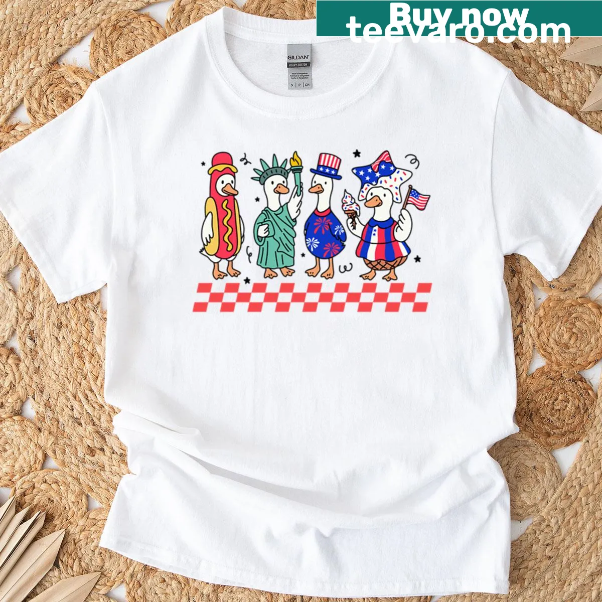T-shirt featuring a patriotic goose and USA flag design. — on a men's t-shirt