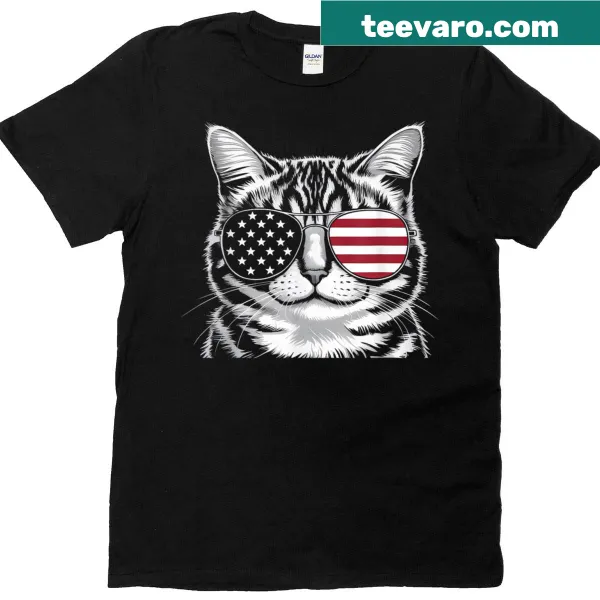 Illustrative t-shirt of a cat with an American flag for the Fourth of July