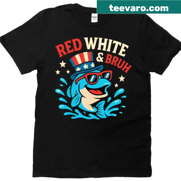 Funny cartoon fish with 'Bruh, America!' text on a T-shirt