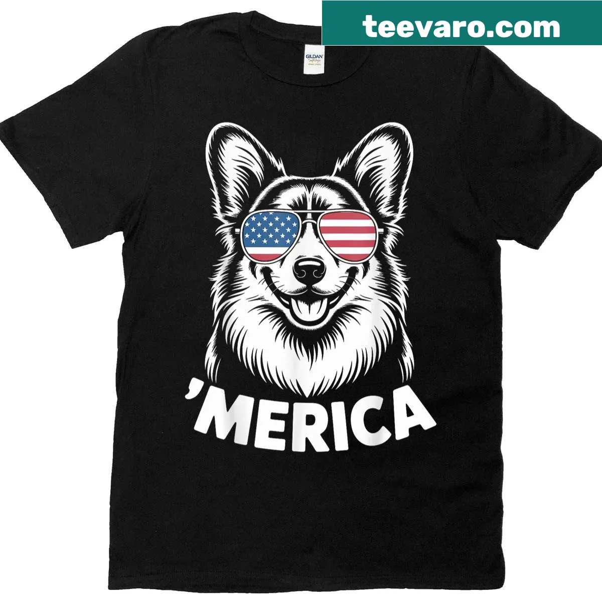 Illustration of a Pembroke Welsh Corgi celebrating July 4th — on a men's t-shirt