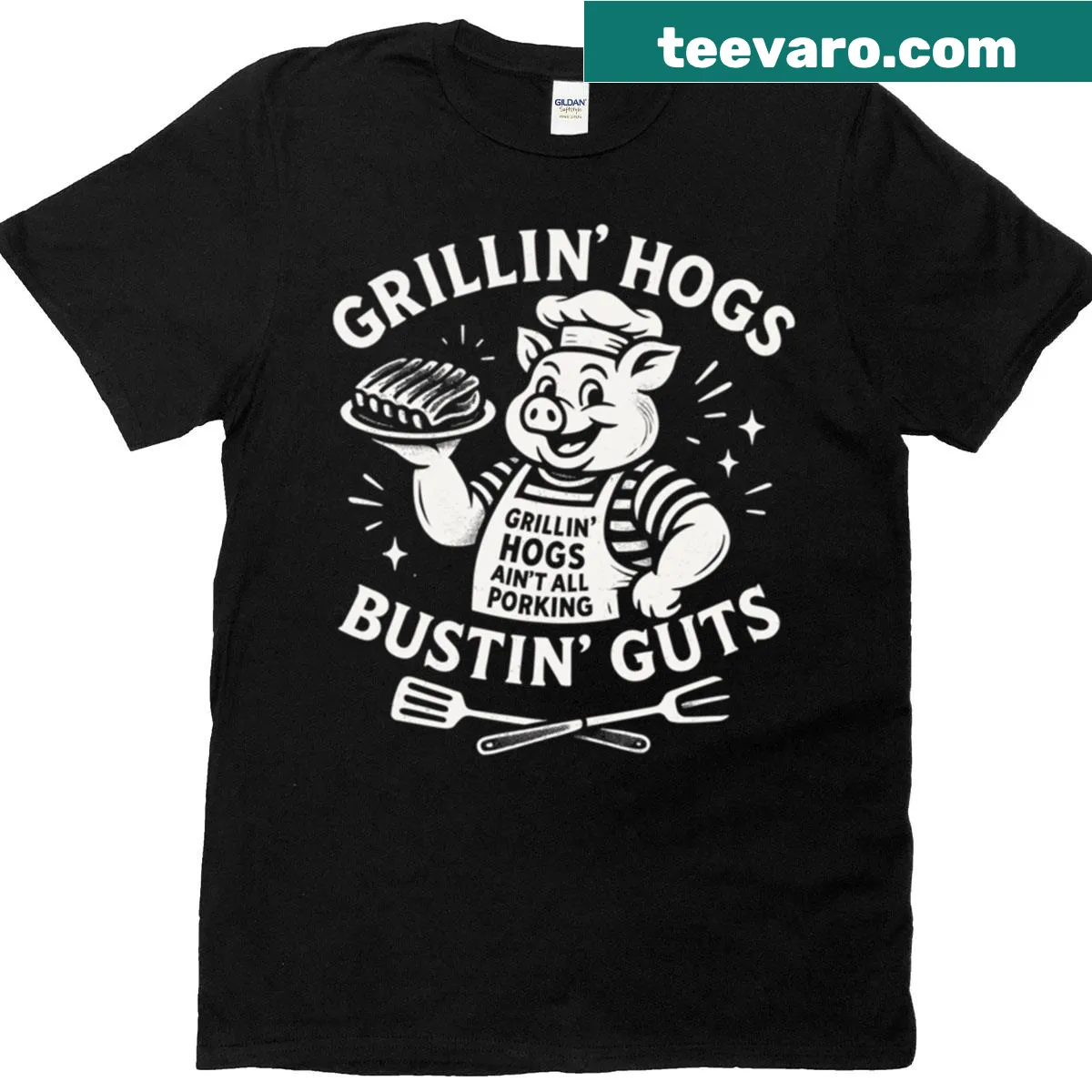Funny BBQ pig graphic T-shirt with humorous slogan about grilling — on a men's t-shirt