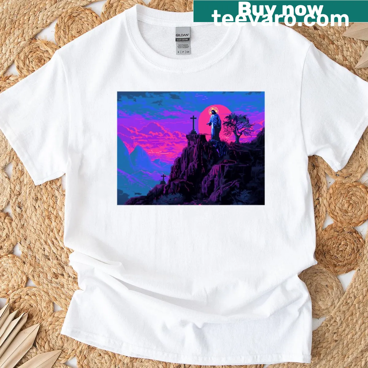 Vaporwave style T-shirt featuring pixelated Jesus design at sunset. — on a men's t-shirt