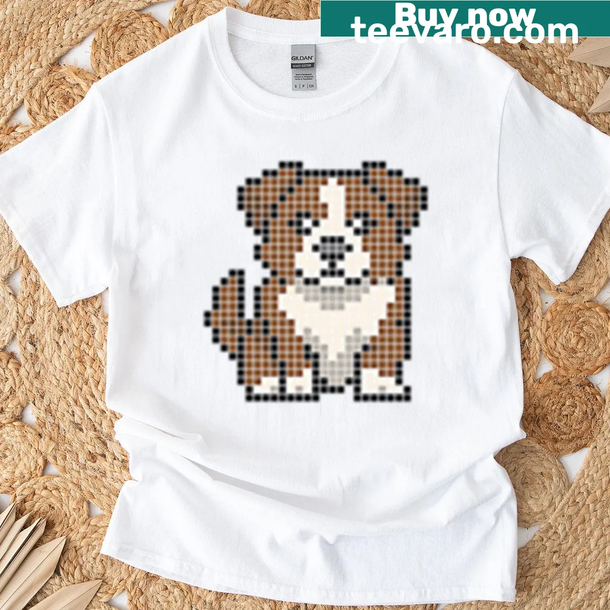 Pixelated design T-shirt featuring an Aussie Red Bi dog. — on a men's t-shirt