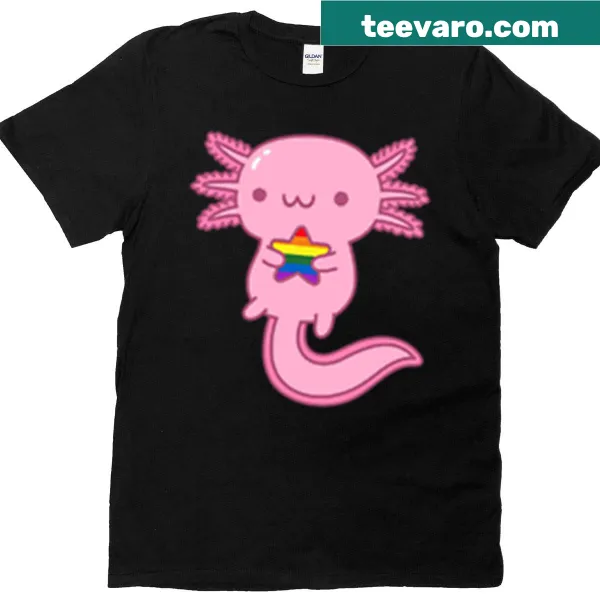 Illustration of an axolotl celebrating pride on a T-shirt