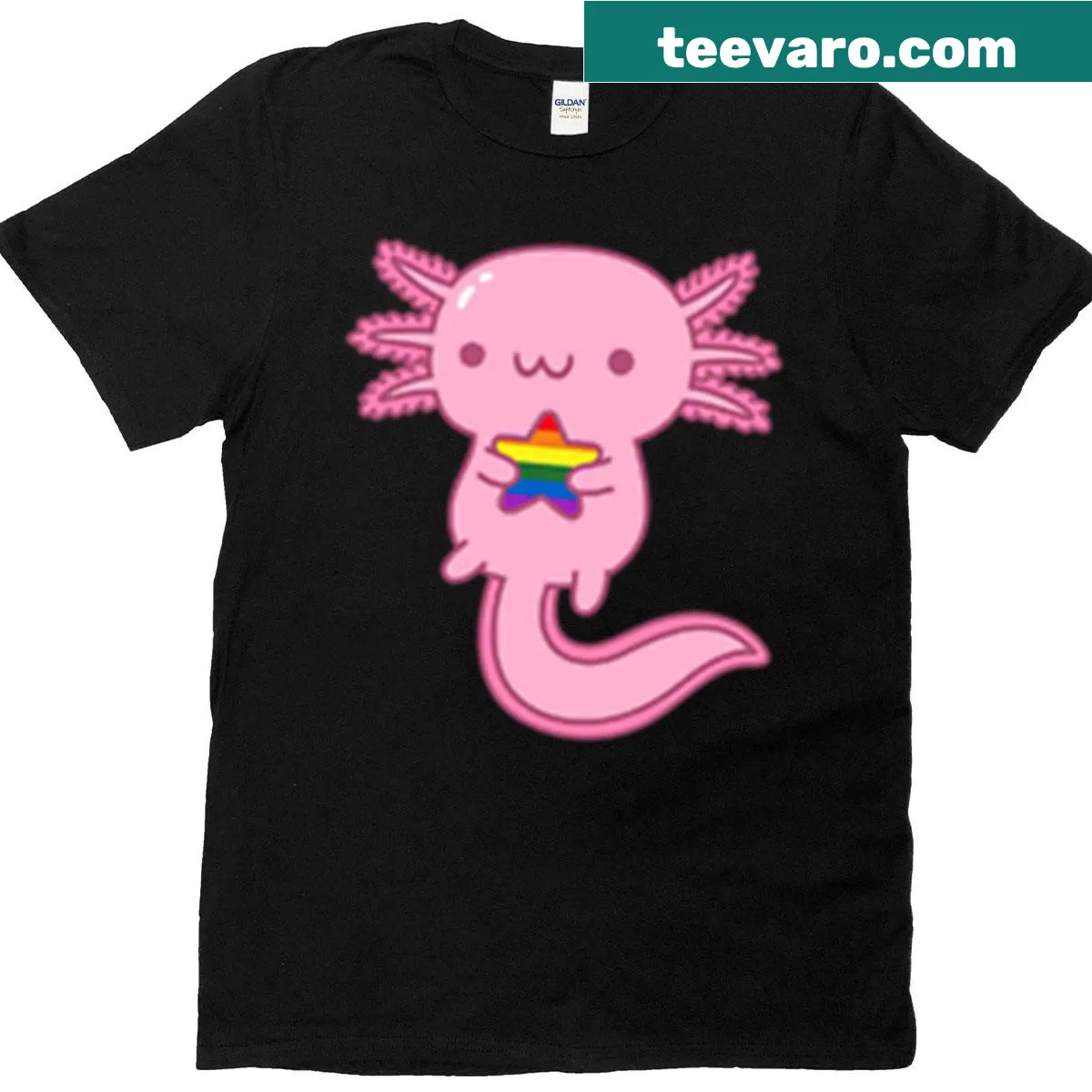 Illustration of an axolotl celebrating pride on a T-shirt — on a men's t-shirt