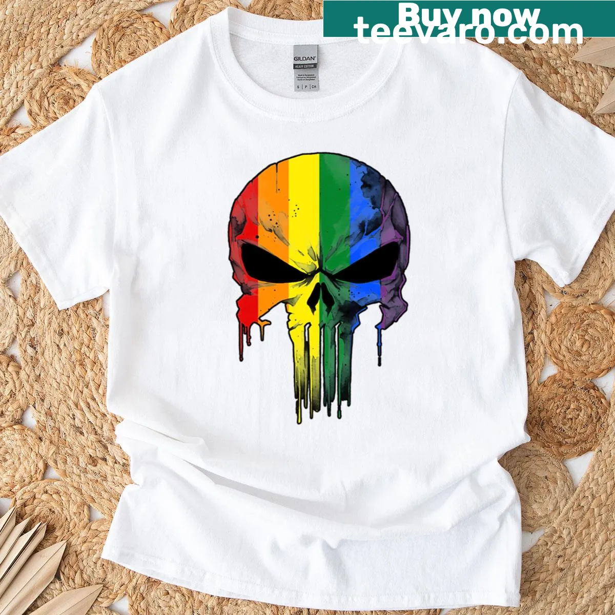 Skull-themed T-shirt with intricate designs representing strength and pride. — on a men's t-shirt