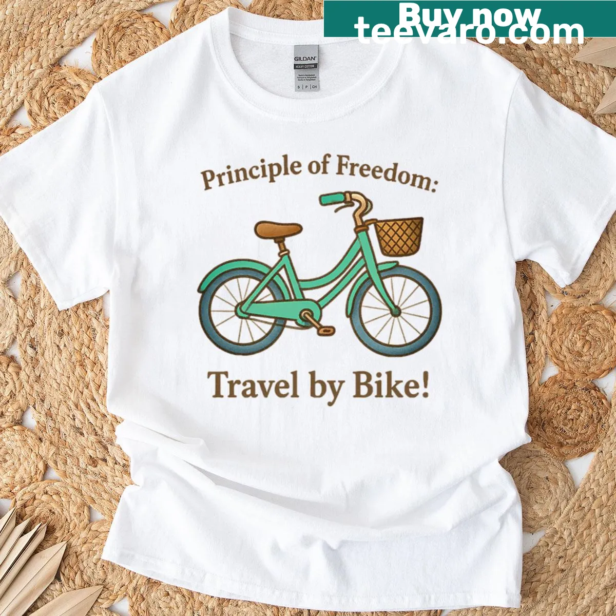 Inspirational T-shirt with the phrase 'Principle Of Freedom Travel By Bike' — on a men's t-shirt