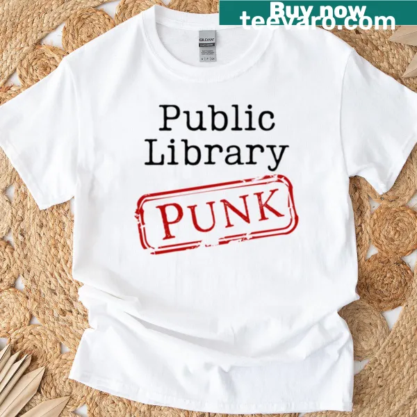 Punk-themed T-shirt with 'Public Library Punk' graphic for literature lovers.