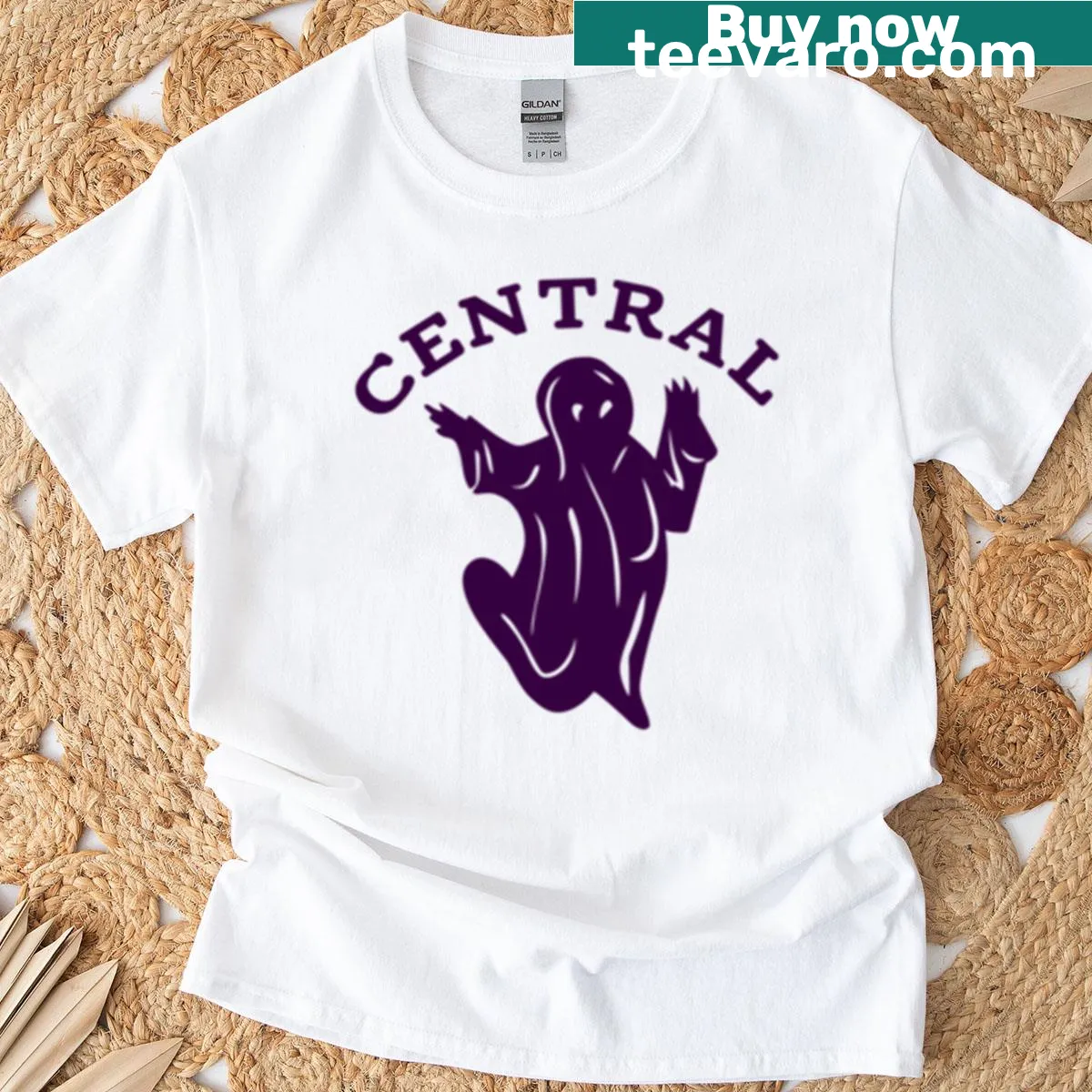 Abstract typography T-shirt with 'Central Golden Ghost' design. — on a men's t-shirt