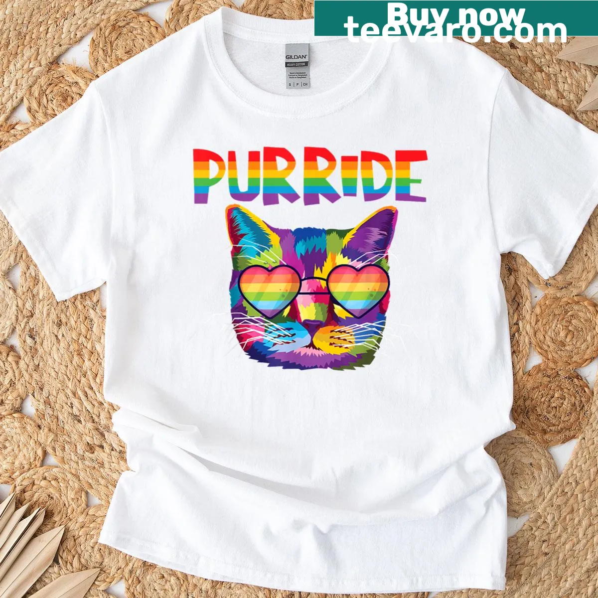 Graphic T-shirt featuring a rainbow cat design for Pride Month. — on a men's t-shirt