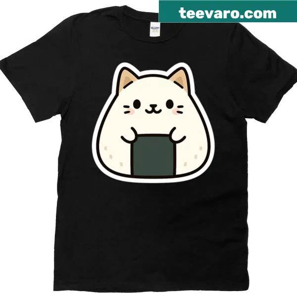 Kawaii onigiri cat rice ball graphic on a T-shirt