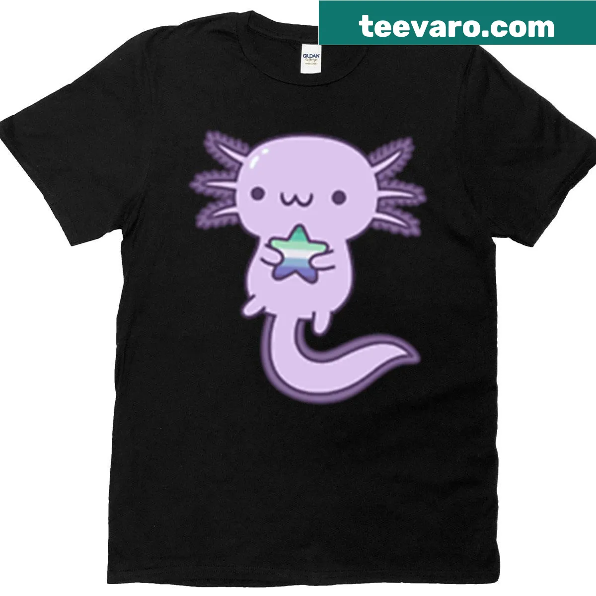 Cartoon axolotl graphic on a Gay Pride T-shirt — on a men's t-shirt