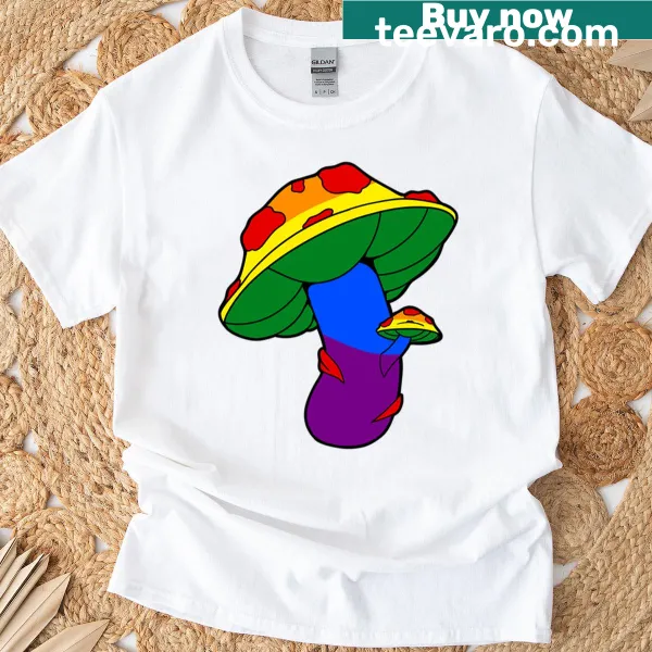 Whimsical rainbow mushroom illustrated T-shirt design