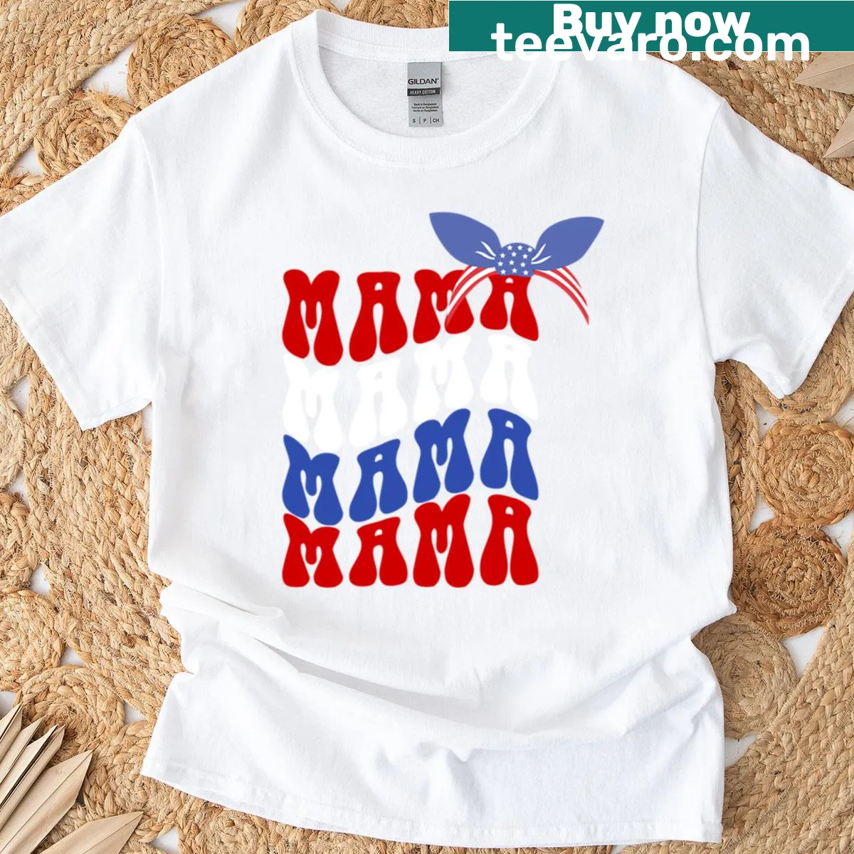 Patriotic graphic saying 'Red White And Blue Mama' on a t-shirt — on a men's t-shirt