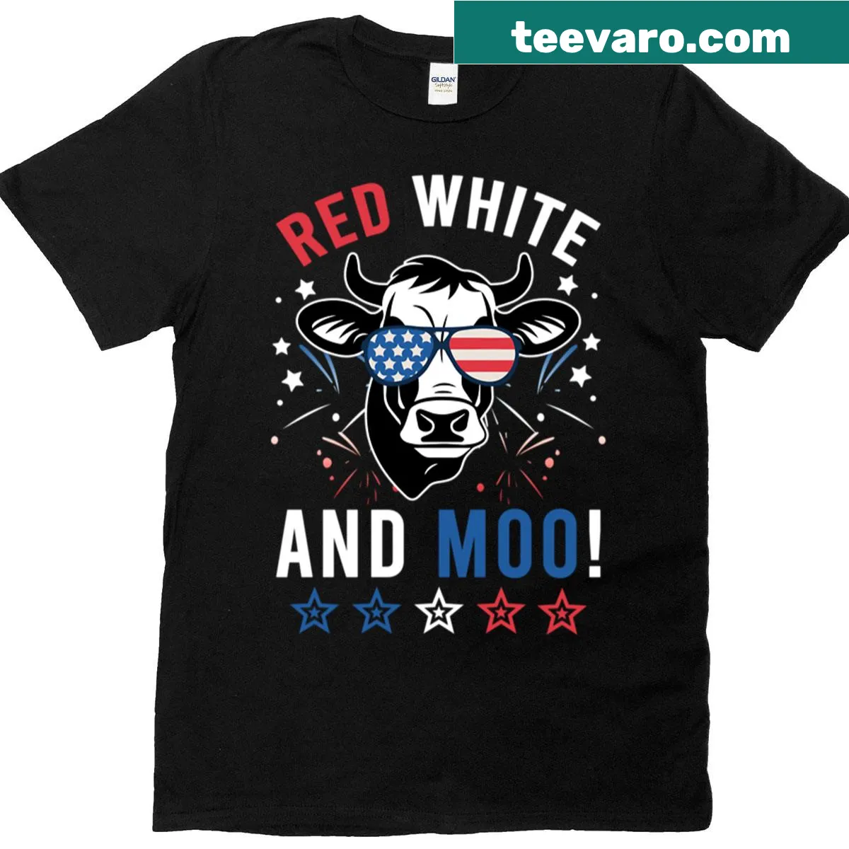 Funny patriotic cow shirt with the slogan Red White And Moo — on a men's t-shirt