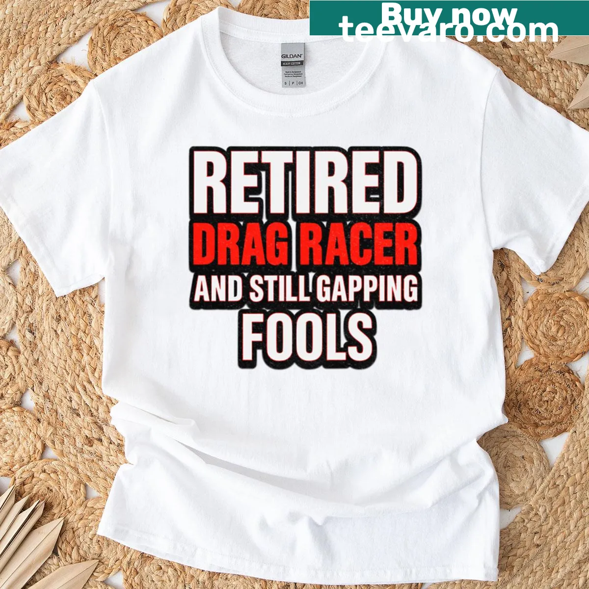 Funny drag racing retirement t-shirt with clever slogan — on a men's t-shirt