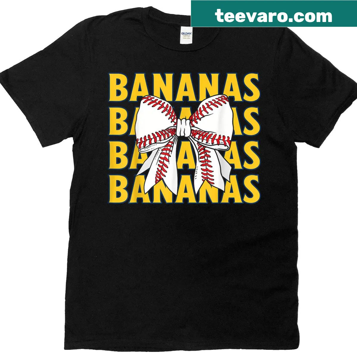 Illustration of a banana with a bow and personalized last name — on a men's t-shirt