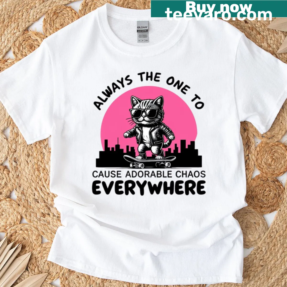 Cartoon cat in sunglasses with rockstar vibe on T-shirt — on a men's t-shirt