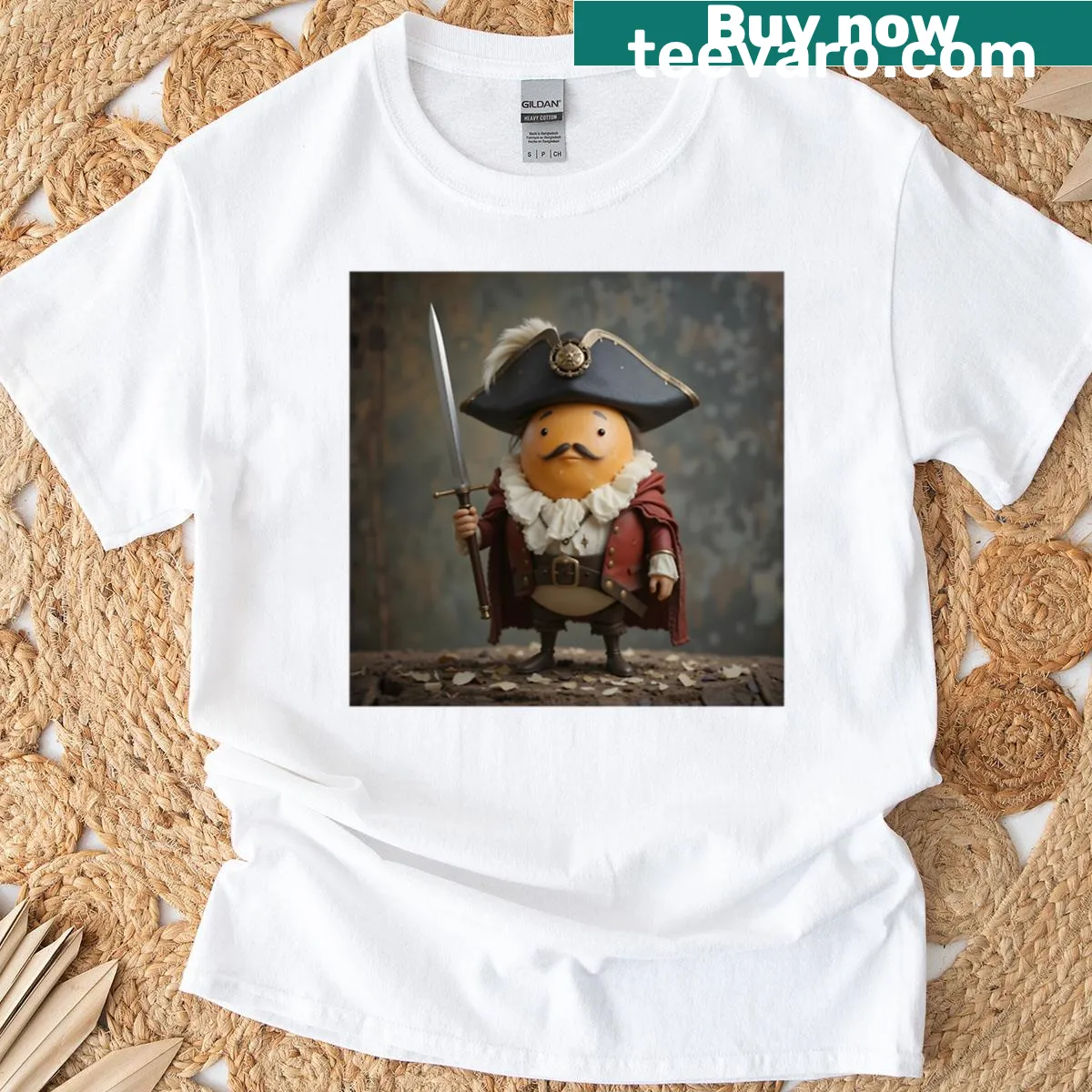 Illustrative T-shirt depicting a brave egg warrior in armor — on a men's t-shirt