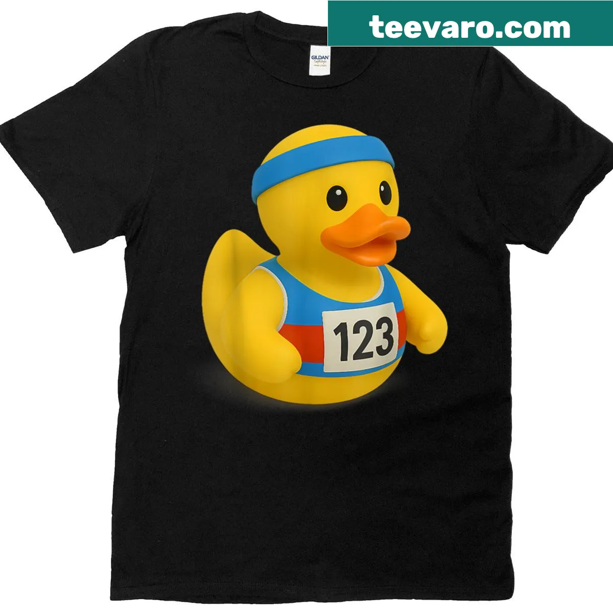 Funny rubber duck marathon runner graphic on T-shirt — on a men's t-shirt