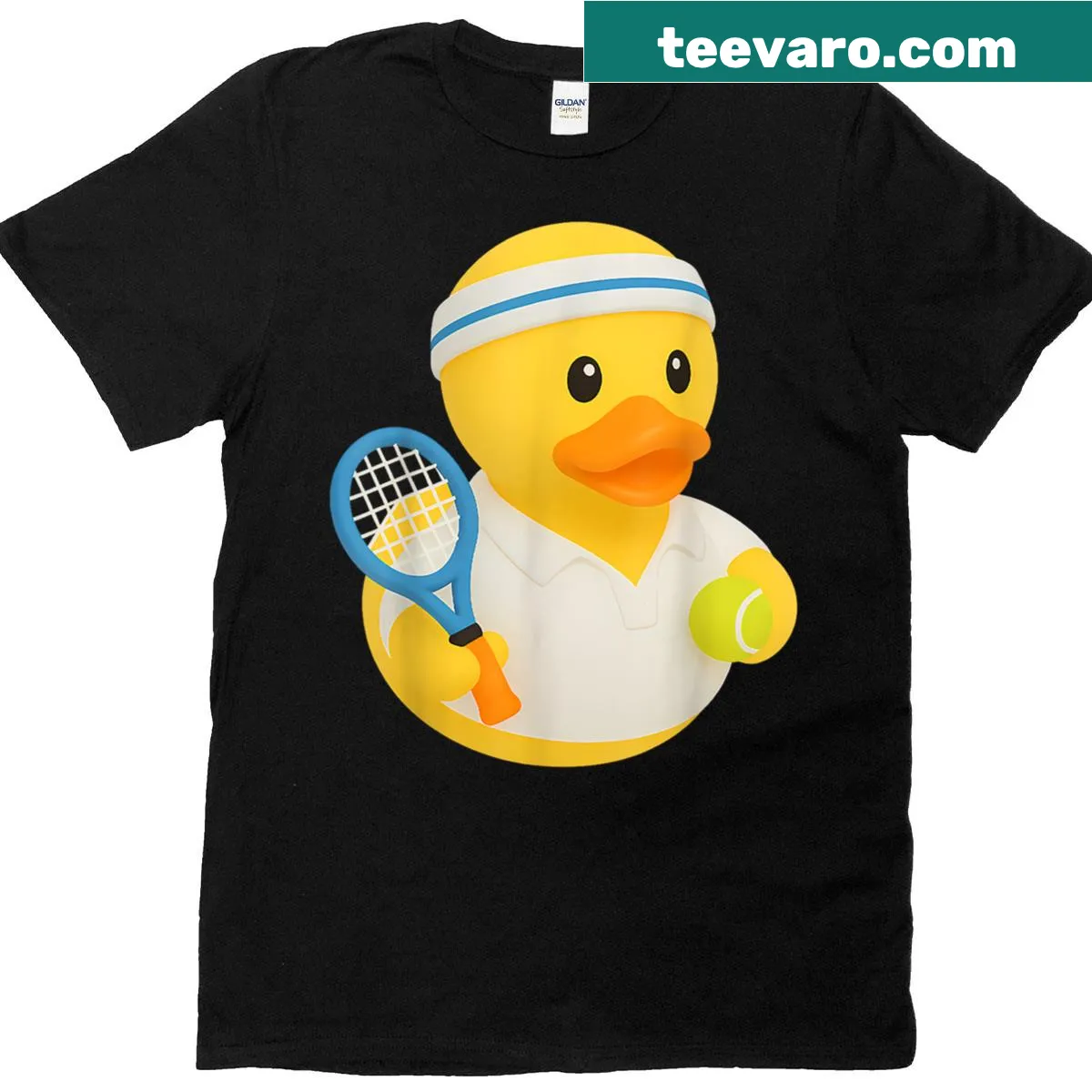 Cartoon rubber duck playing tennis with a racket — on a men's t-shirt