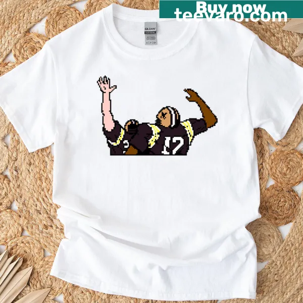 Nostalgic T-shirt featuring Saints Tecmo Bowl graphics and touchdown celebration