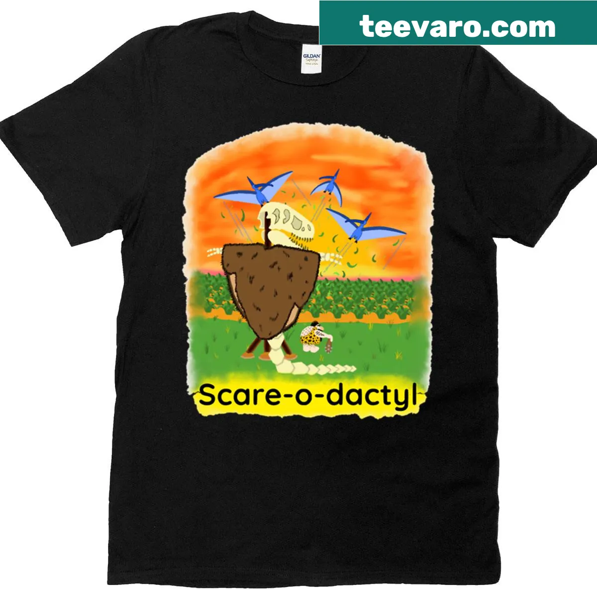 Cartoon Scare-o-dactyl t-shirt design — on a men's t-shirt