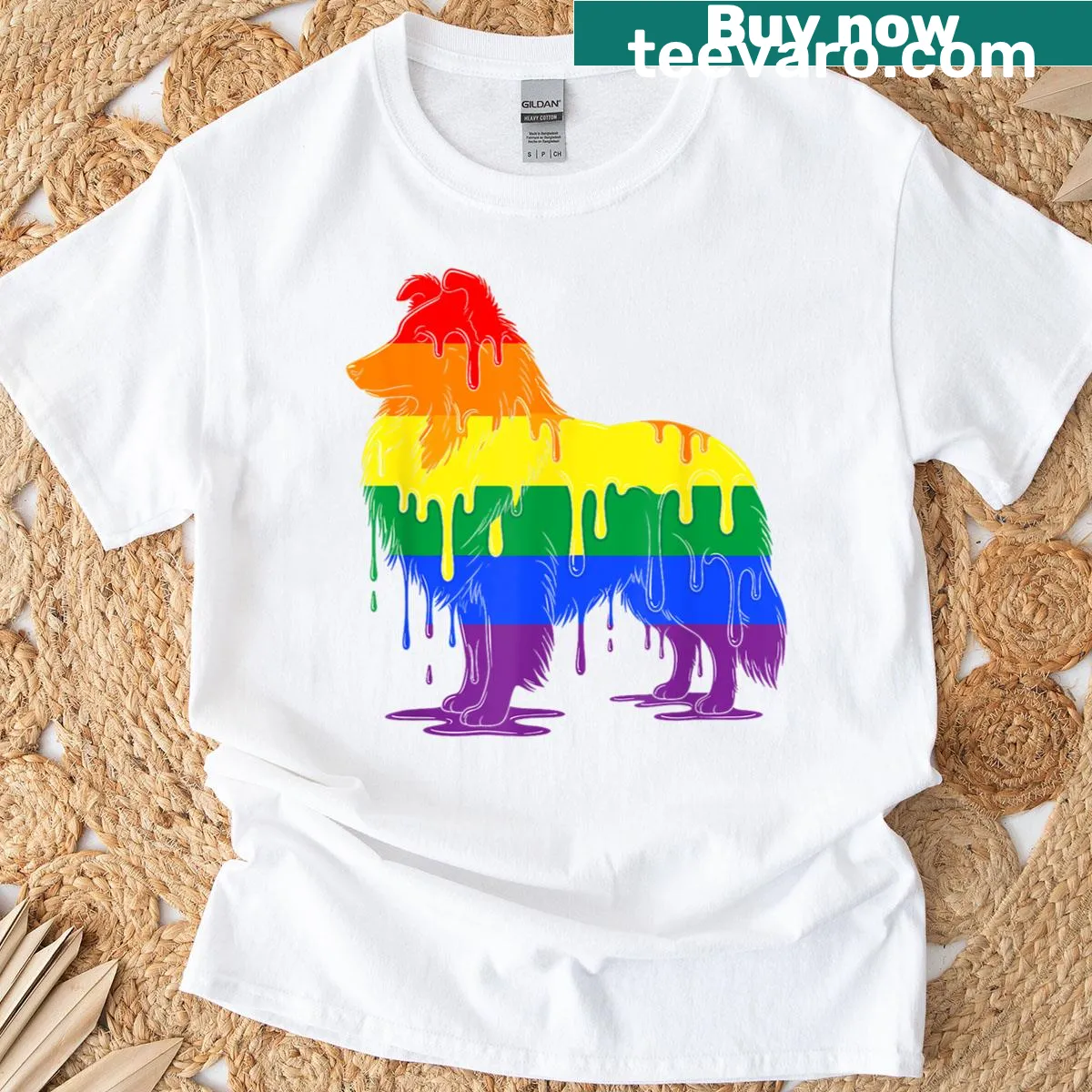 Rainbow Shetland Sheepdog design T-shirt celebrating Pride — on a men's t-shirt