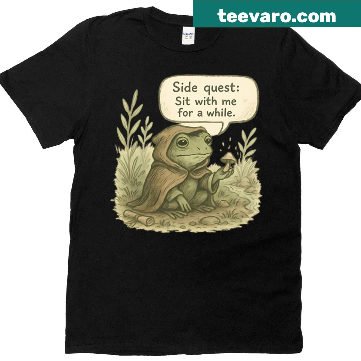 Gaming t-shirt with a frog NPC offering peace and inviting to a side quest — on a men's t-shirt