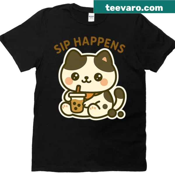Cute boba cat t-shirt with the phrase 'Sip Happens'