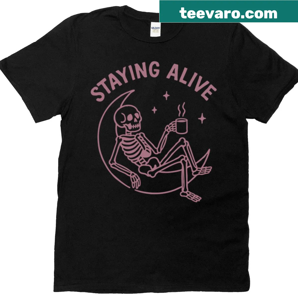 Skeleton drinking coffee on the moon graphic T-shirt — on a men's t-shirt
