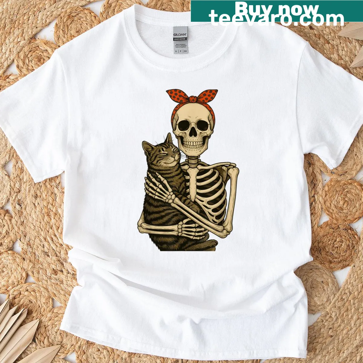 T-shirt featuring a skeleton hugging a cat for Halloween — on a men's t-shirt