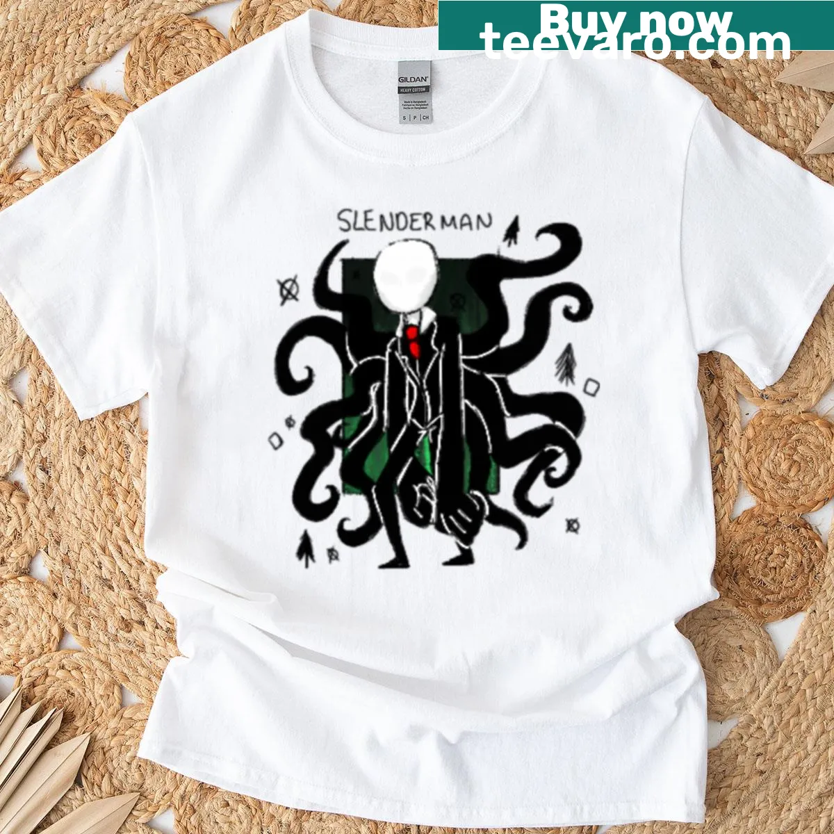 Illustration of Slenderman on a creepypasta-themed T-shirt — on a men's t-shirt