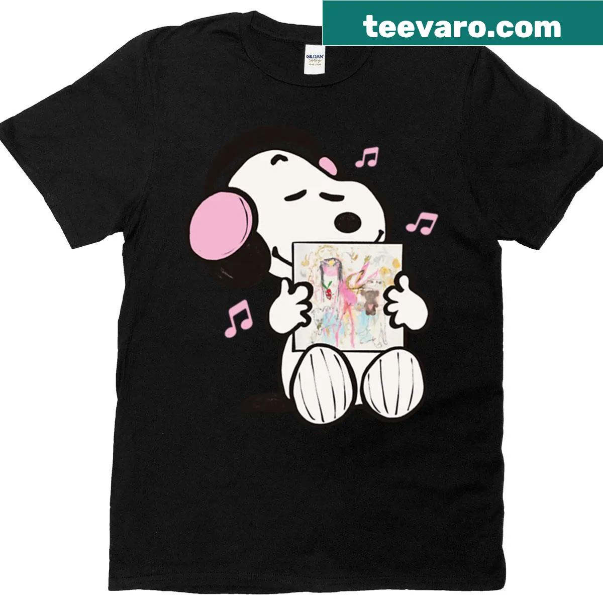 Nostalgic t-shirt featuring Snoopy listening to music in a whimsical design — on a men's t-shirt