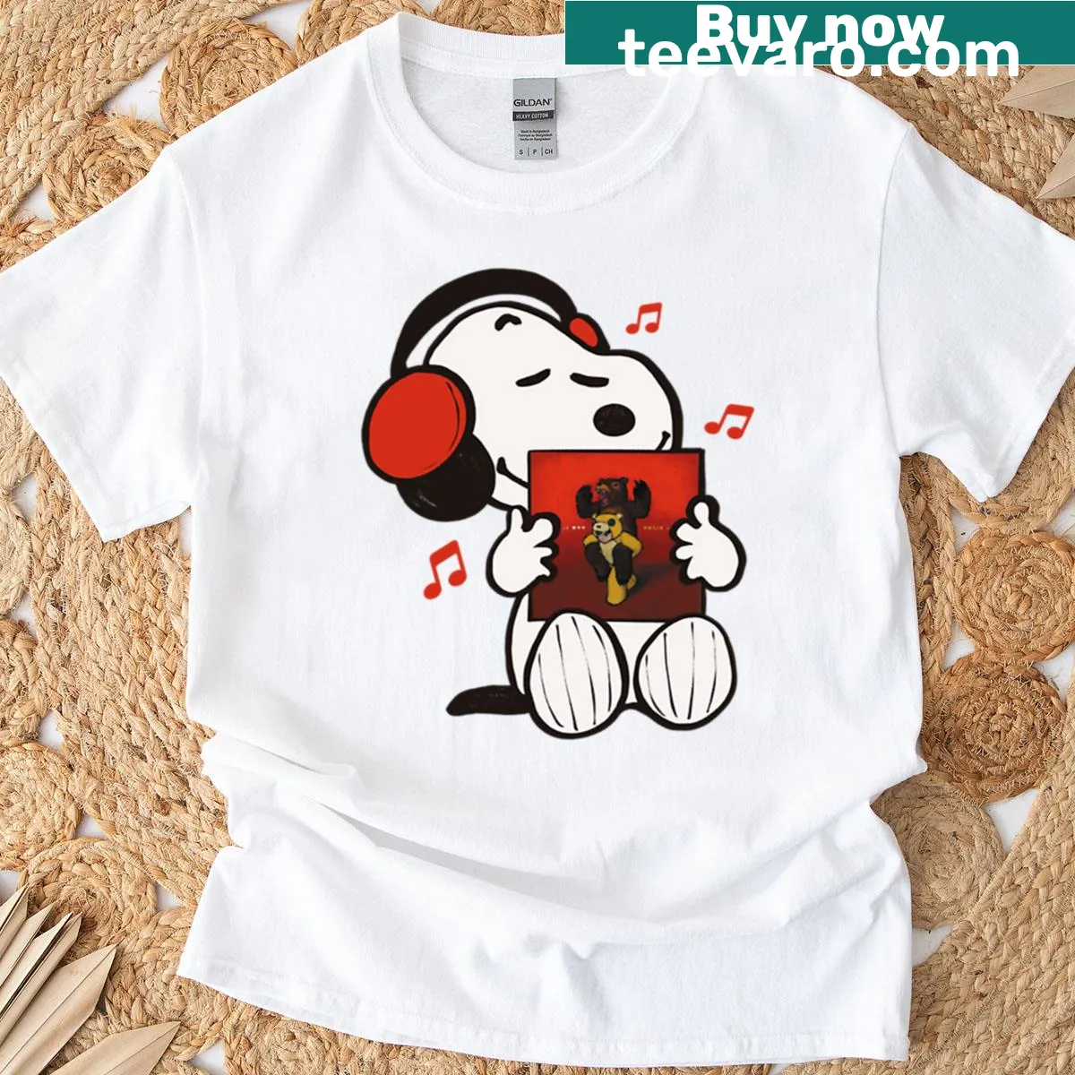 Snoopy illustration T-shirt listening to Folie A Deux — on a men's t-shirt
