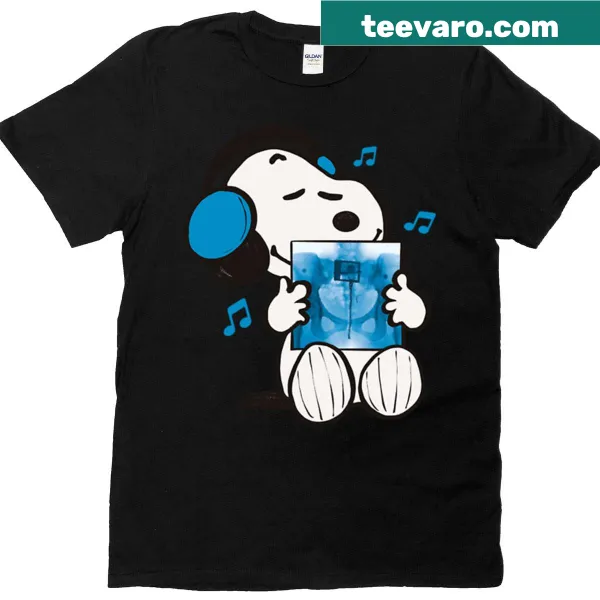 Snoopy graphic T-shirt featuring the character listening to music