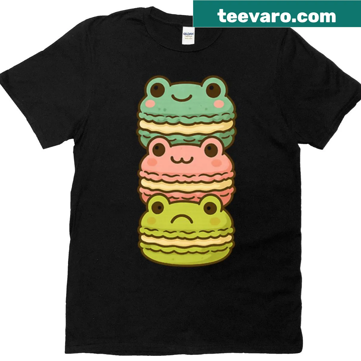 Kawaii design of stacked frog macarons on a t-shirt — on a men's t-shirt