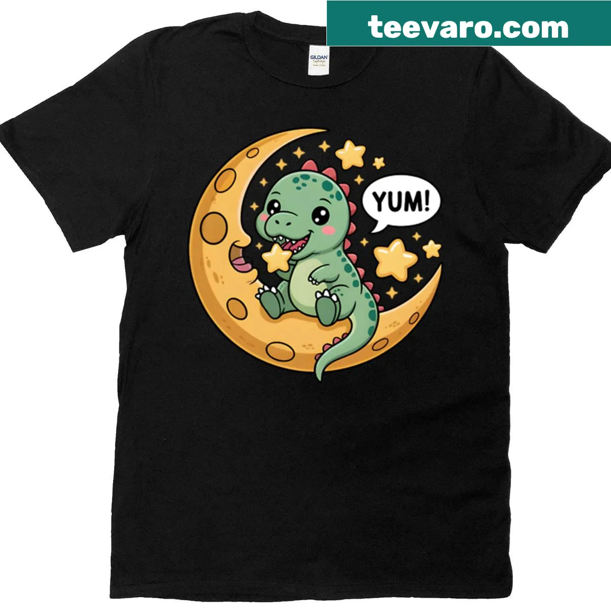 Cute dinosaur eating a snack on the moon illustration on T-shirt — on a men's t-shirt