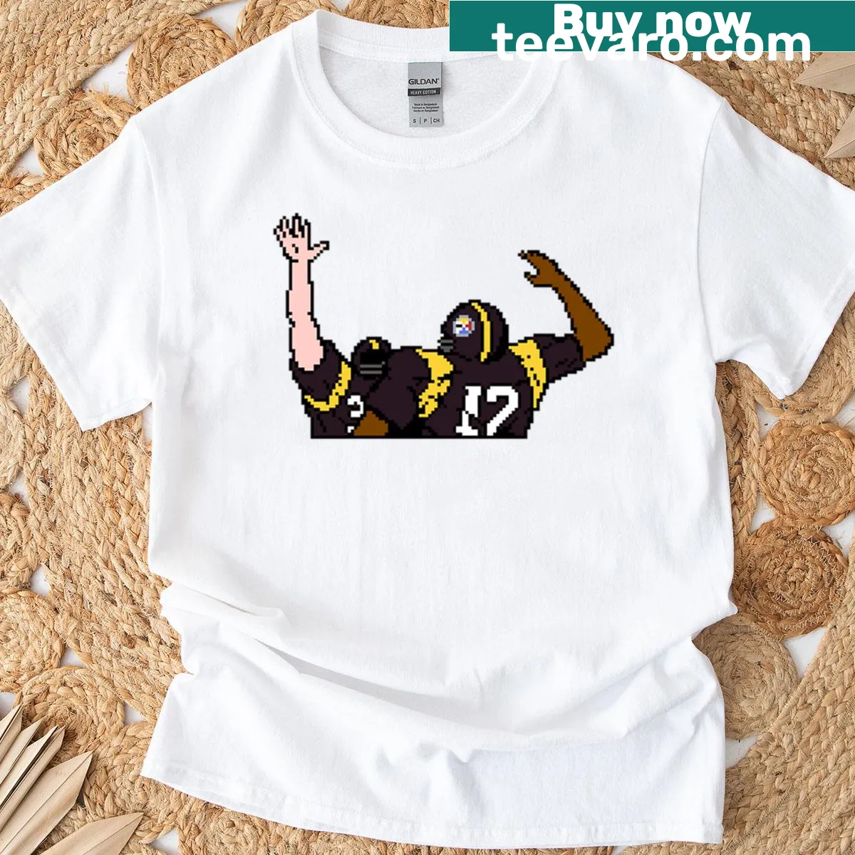 Illustration of a touchdown celebration from Tecmo Bowl on a T-shirt — on a men's t-shirt