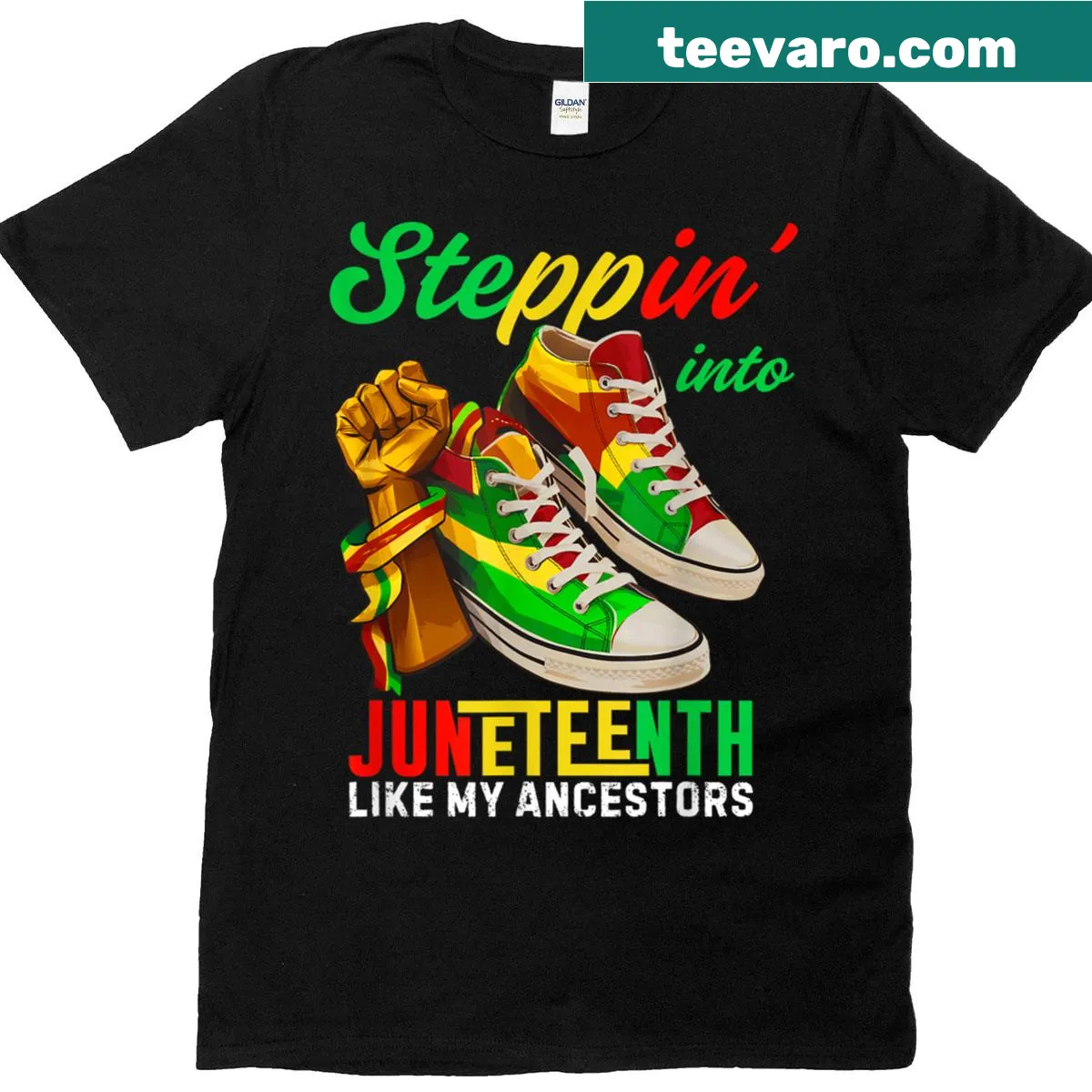 Illustration of an Afro woman celebrating Juneteenth on a T-shirt — on a men's t-shirt