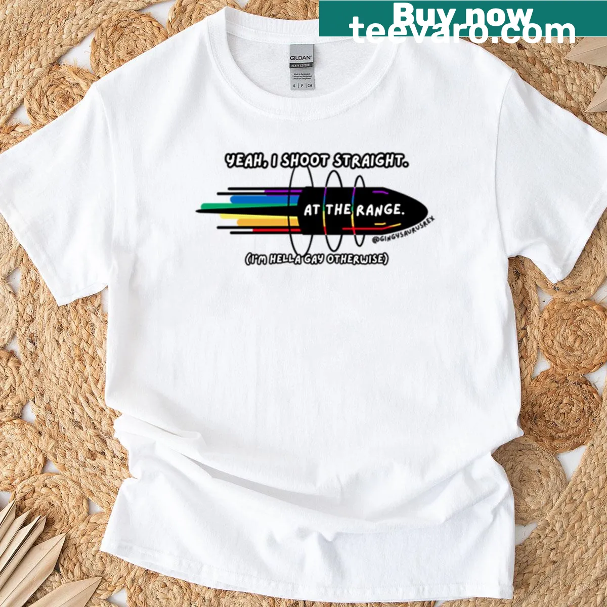Bold text design reading 'Straight Shooter' with pride symbols — on a men's t-shirt