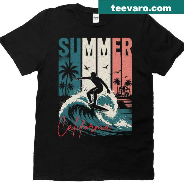 California surf-themed t-shirt with playful summer graphics