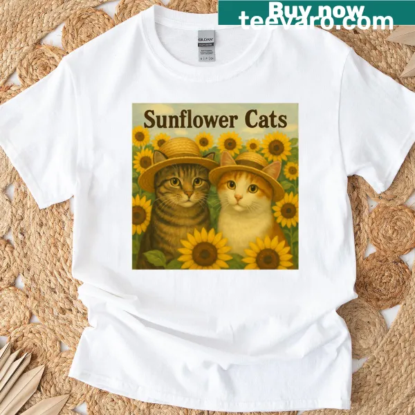 Cats and sunflowers illustration on T-shirt