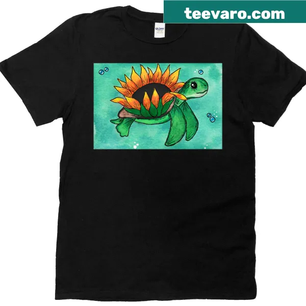 Cute turtle illustration with sunflowers on a T-shirt