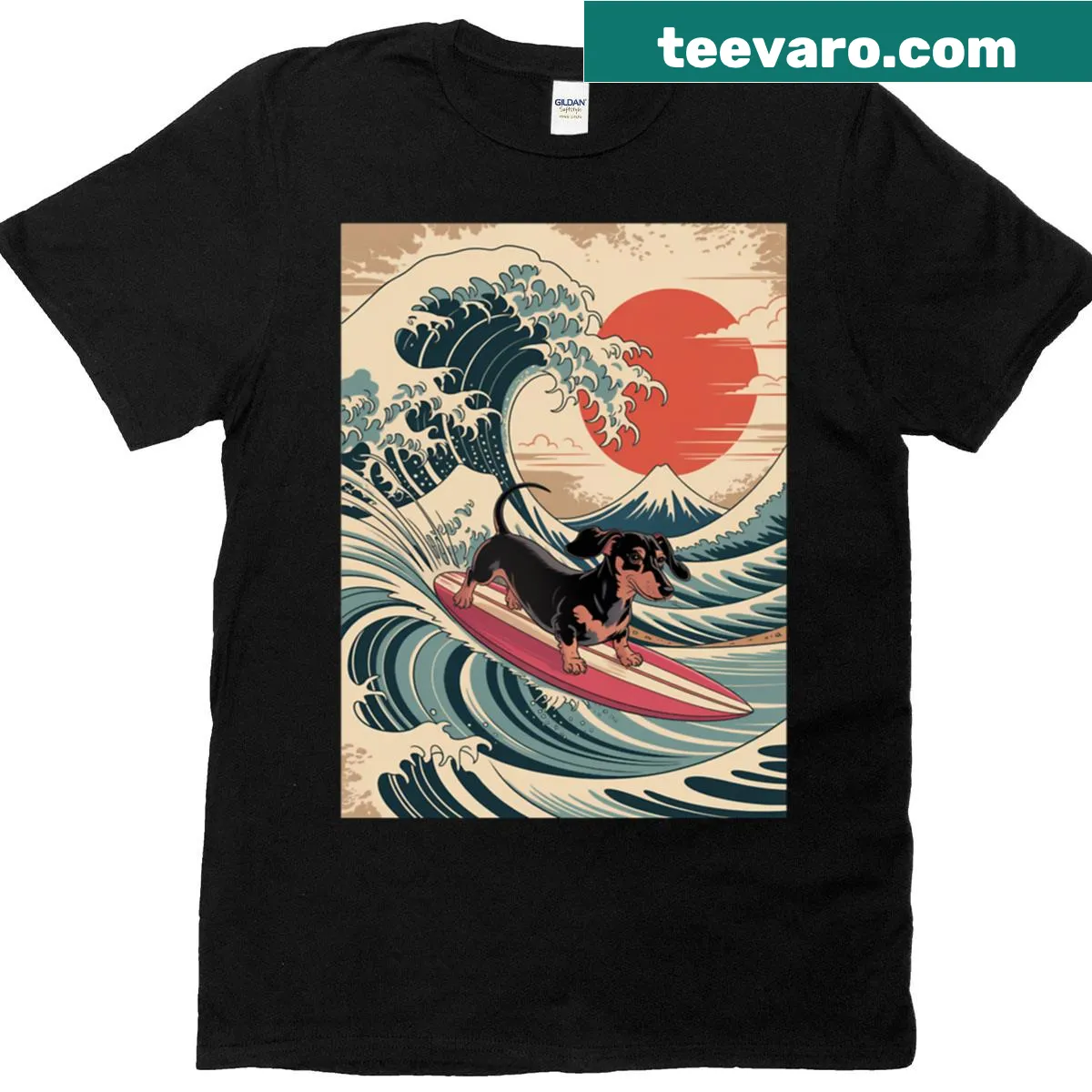 Illustration of a surfing dachshund in wave art style on a T-shirt — on a men's t-shirt