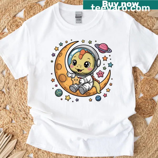 Cute illustration of a dinosaur sitting on a moon with stars